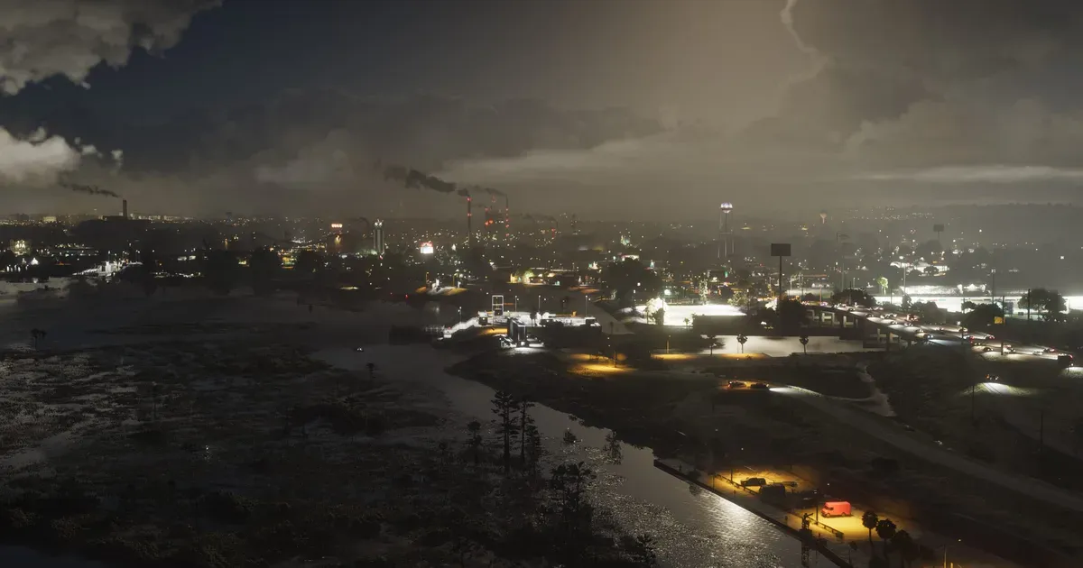 Chimeneas de un ingenio azucarero sobre campos de cultivo llanos en GTA 6, el corazón industrial de Ambrosia