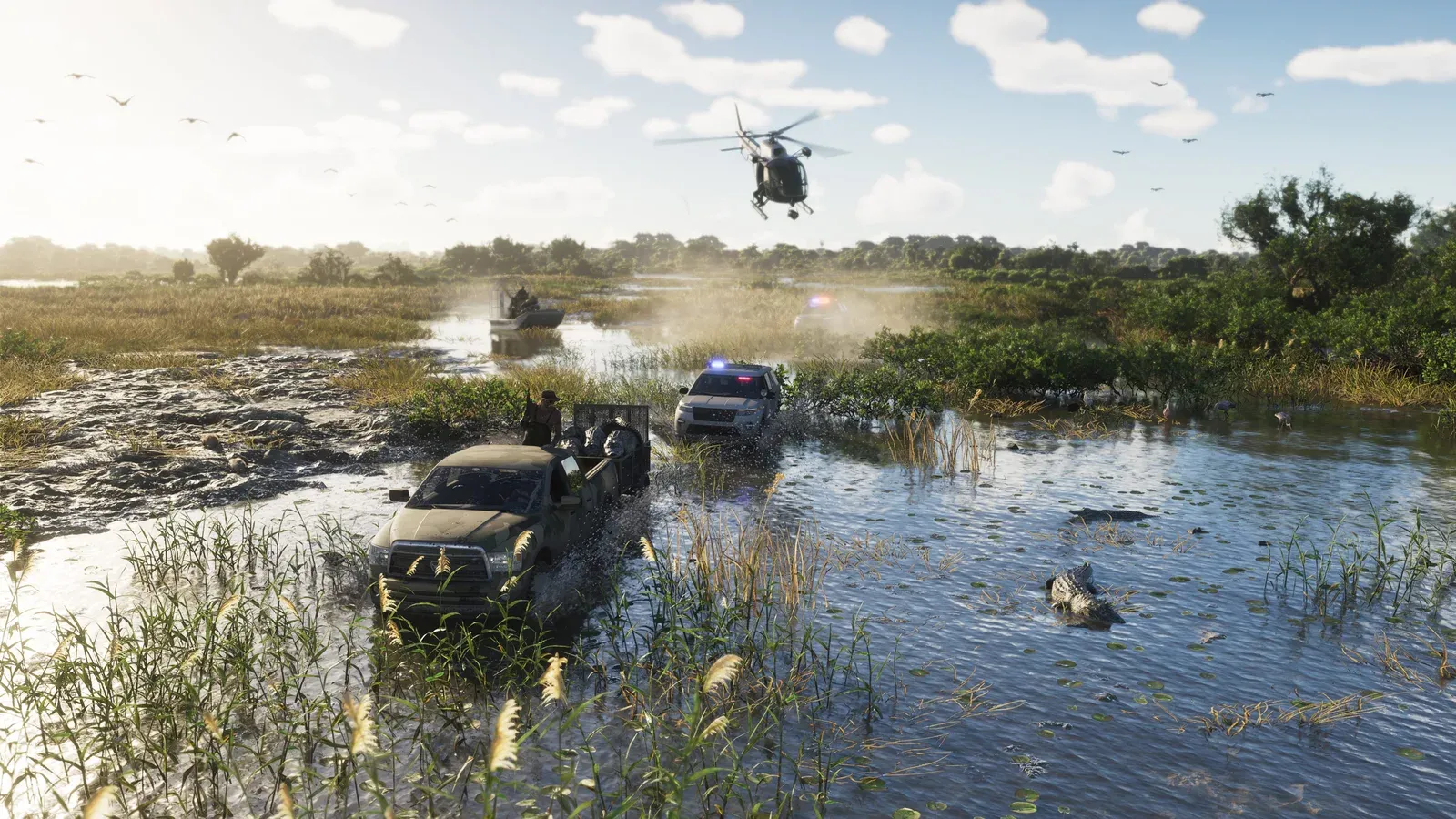 A truck hauling caged alligators is chased through flooded grassland by police vehicles and a helicopter in GTA 6's Grassrivers