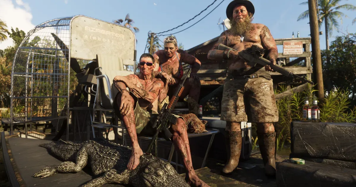 A gladesmen airboat crew in GTA 6 posing with a killed alligator and a small dead wildcat at their feet