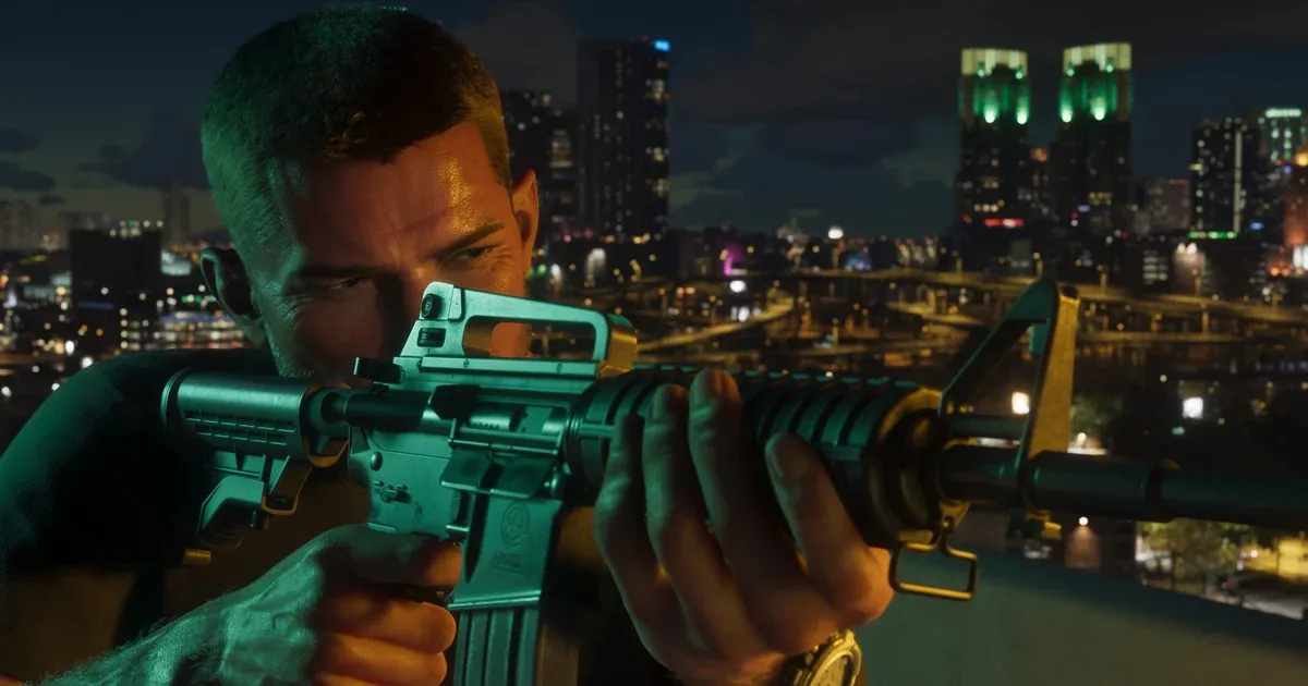 Jason Duval aiming a rifle on a rooftop at night with the neon Vice City skyline behind him, from official GTA 6 material