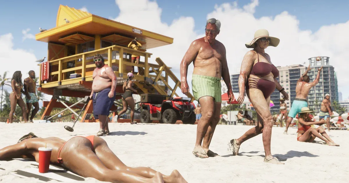 A diverse crowd of NPCs of different ages and body types on a Vice City beach in GTA 6, walking past a lifeguard tower
