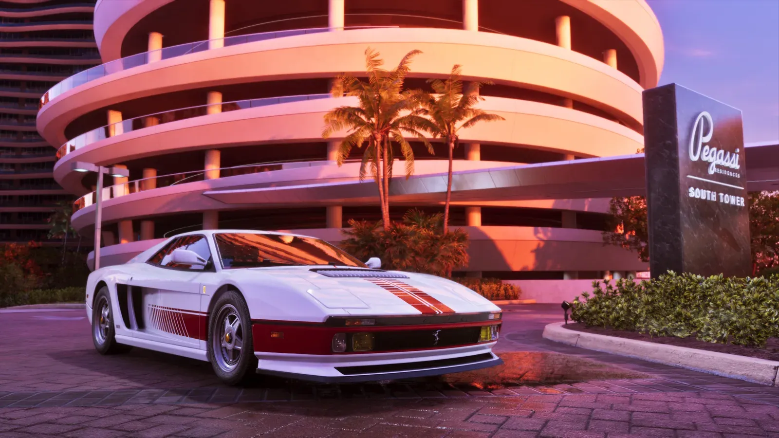 A white and red 1995-style Grotti Cheetah sports car parked outside a Vice City tower at sunset in GTA 6