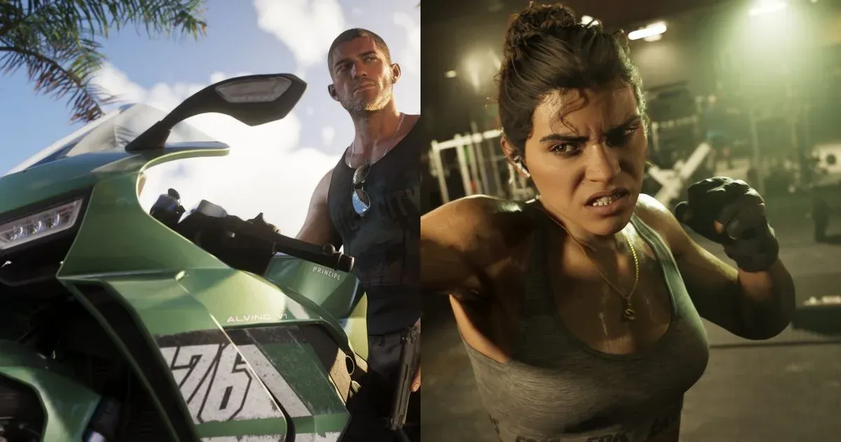 Split image of Jason Duval on his motorcycle in Vice City next to Lucia Caminos mid-punch in a gym, representing the choice between GTA 6 protagonists