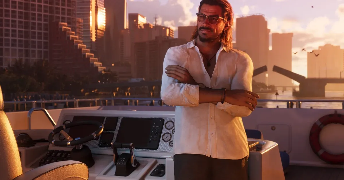 Raul Bautista standing with arms crossed on a yacht against the Vice City skyline at sunset in GTA 6