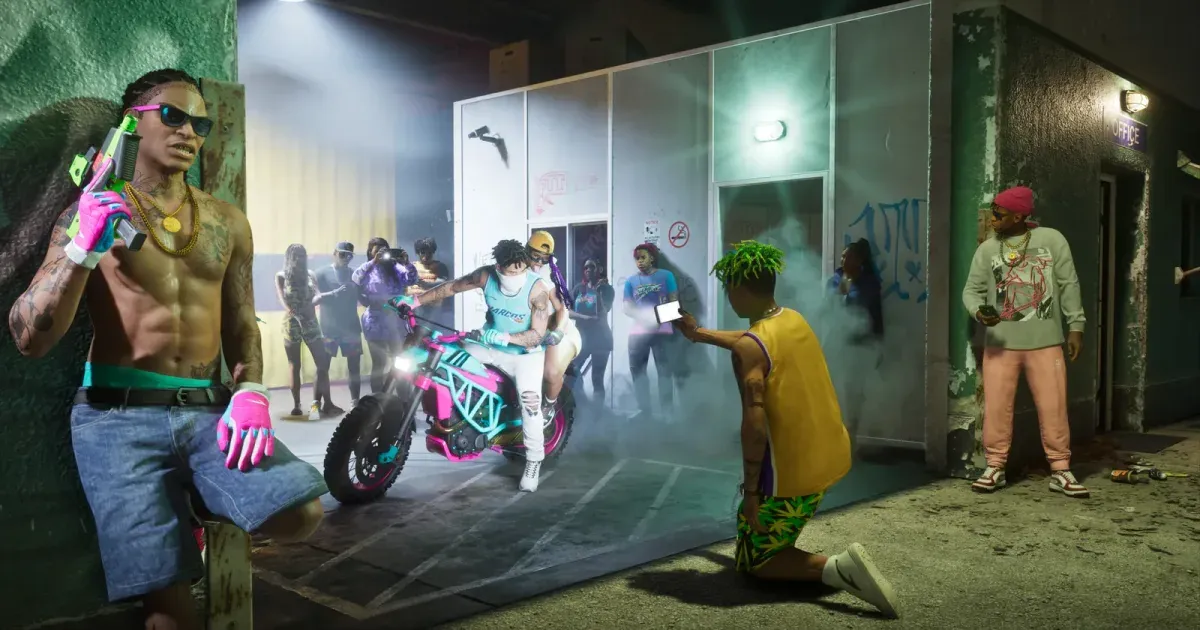 A gang member holding a water gun and posing near a customized pink motorcycle outside a graffiti-tagged compound office in GTA 6, the PTT Youngin$ compound tied to the only mission Rockstar has attached to a named location