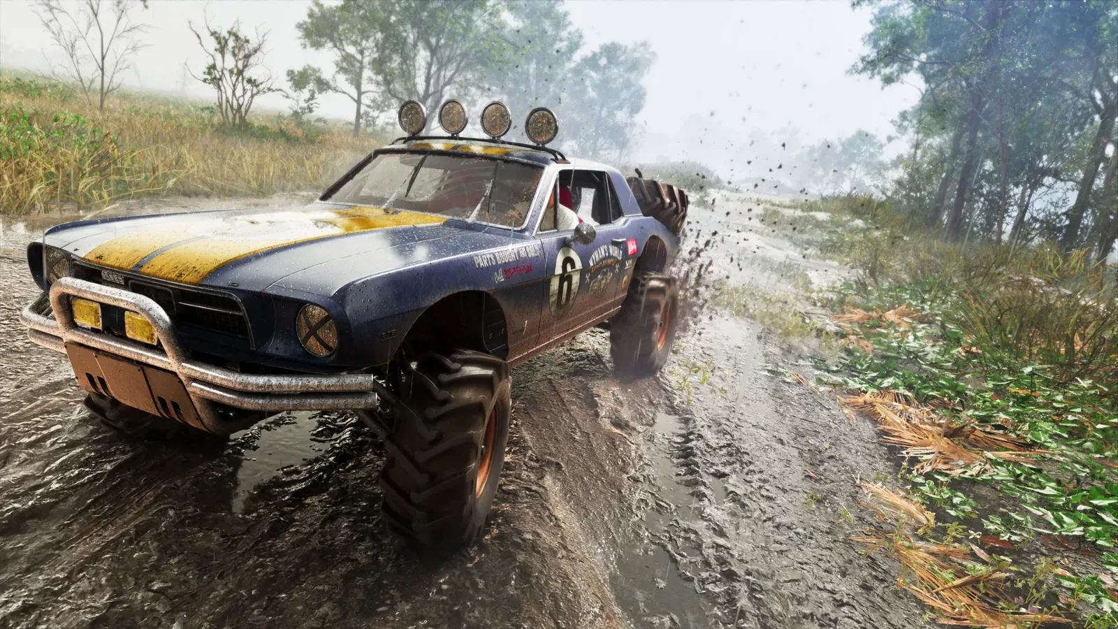 A blue and yellow off-road buggy with oversized mud tires driving through a swamp trail in GTA 6