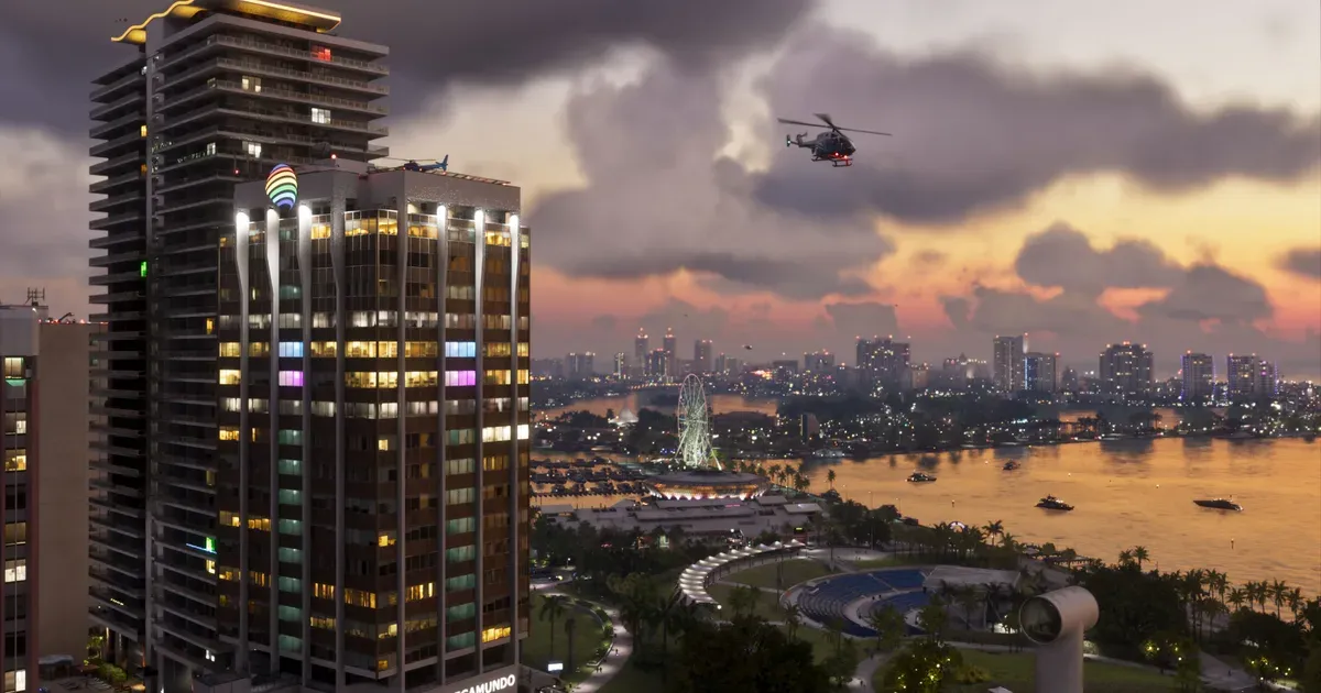 Um helicóptero sobrevoa o horizonte iluminado por neon de Vice City ao entardecer em GTA 6, o tipo de cena que exige espaço de armazenamento suficiente e os ajustes certos de HDR para ser exibida corretamente