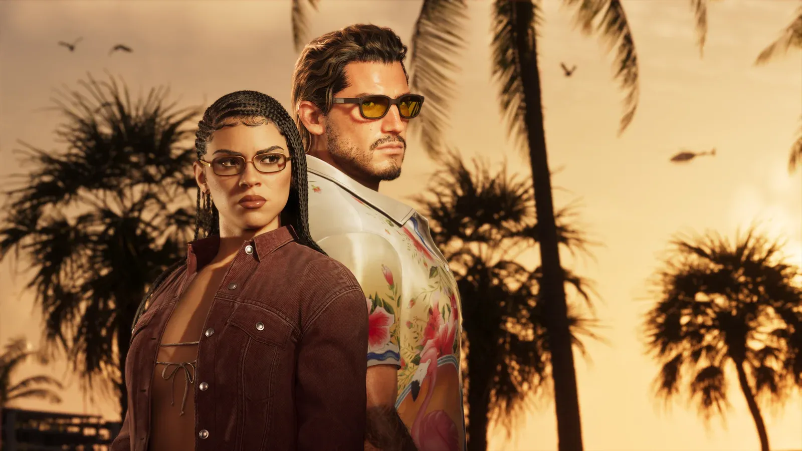 Jason Duval y Lucia Caminos de pie espalda contra espalda en una playa de Vice City al atardecer, en material promocional oficial de la Ultimate Edition de GTA 6