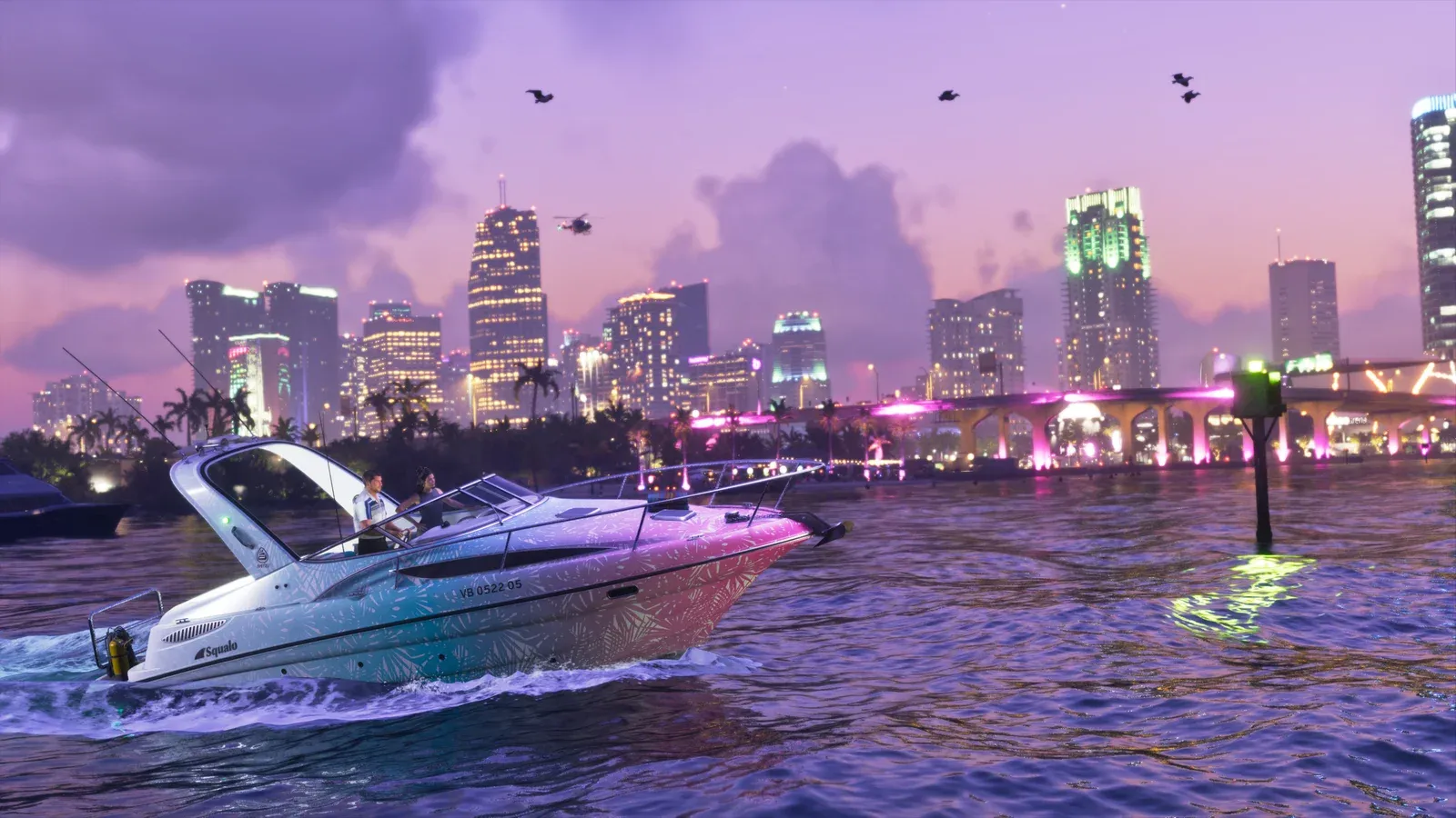 Un Shitzu Squalo navegando frente al horizonte de Vice City al anochecer en GTA 6
