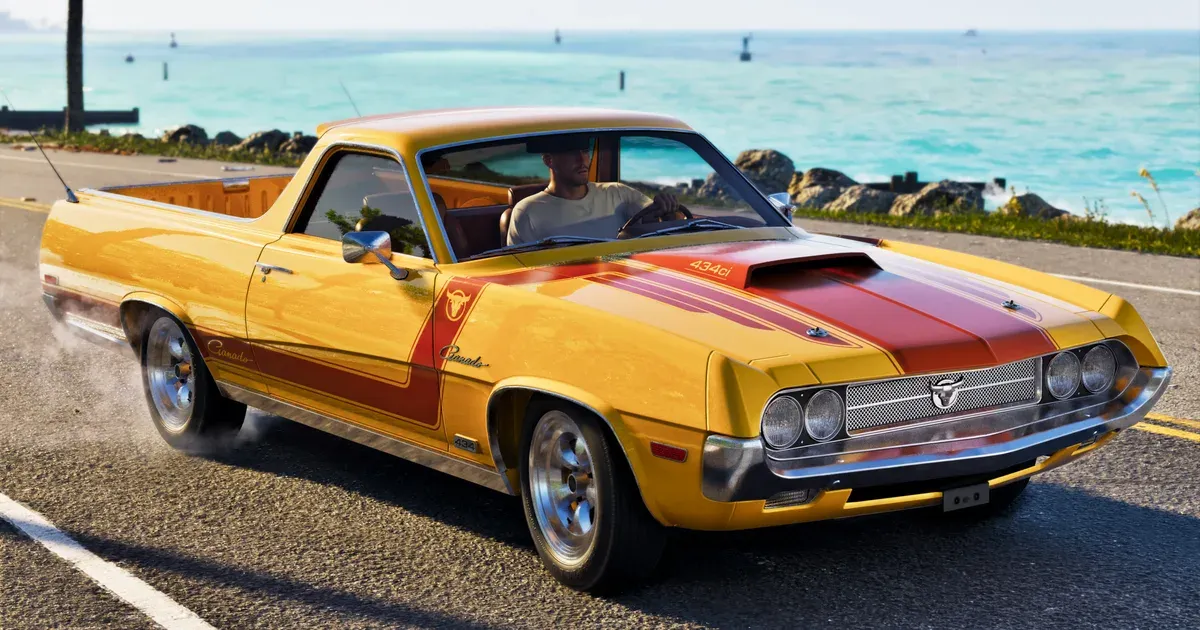 Jason Duval's gold and red Vapid Ganado muscle coupe utility parked on a coastal road in GTA 6