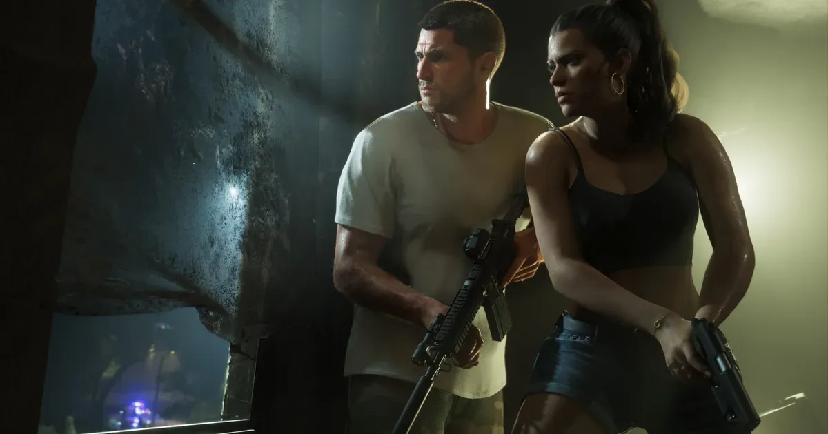 Jason Duval e Lucia Caminos juntos em ambiente fechado segurando armas, com a roupa, a aparência, a arma e a dupla que a polícia de GTA 6 registra como indicadores de calor