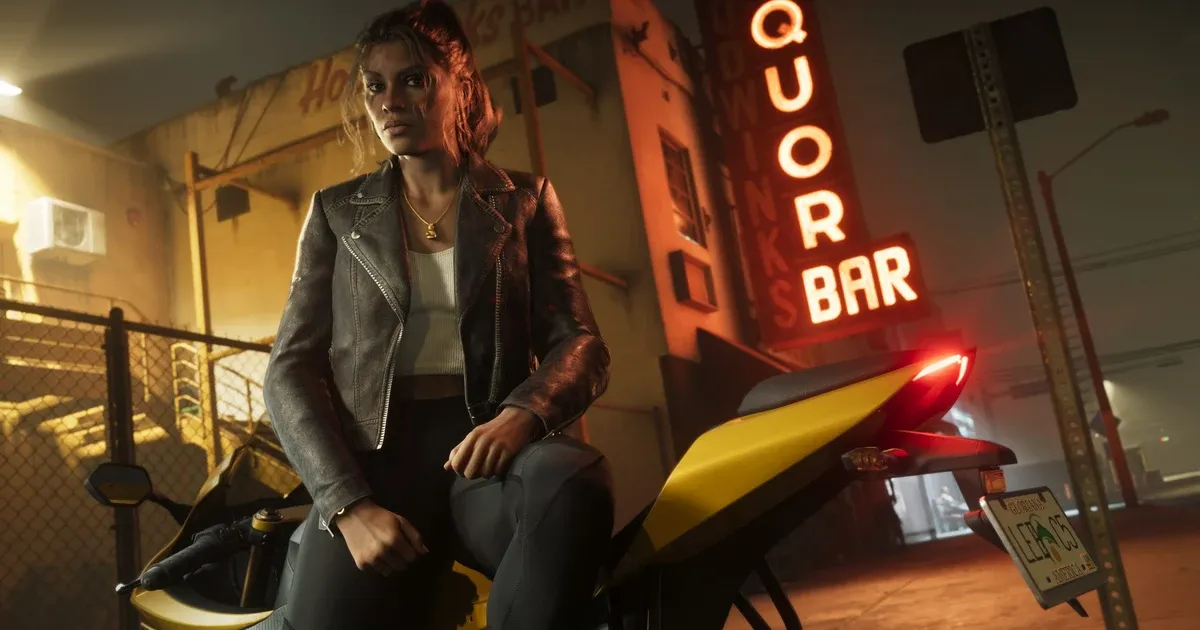 Lucia Caminos leaning against a motorcycle outside a neon-lit liquor bar at night in GTA 6