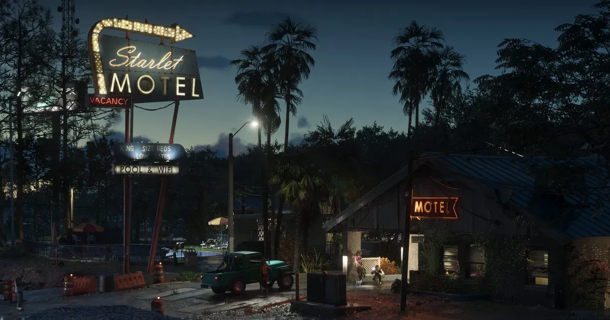 Un motel desgastado y un centro comercial iluminados de noche en GTA 6, la estética deteriorada de Port Gellhorn