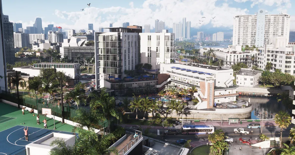 Una vista diurna desde una azotea del horizonte de Vice City en GTA 6, con hoteles, palmeras y torres del centro a lo lejos